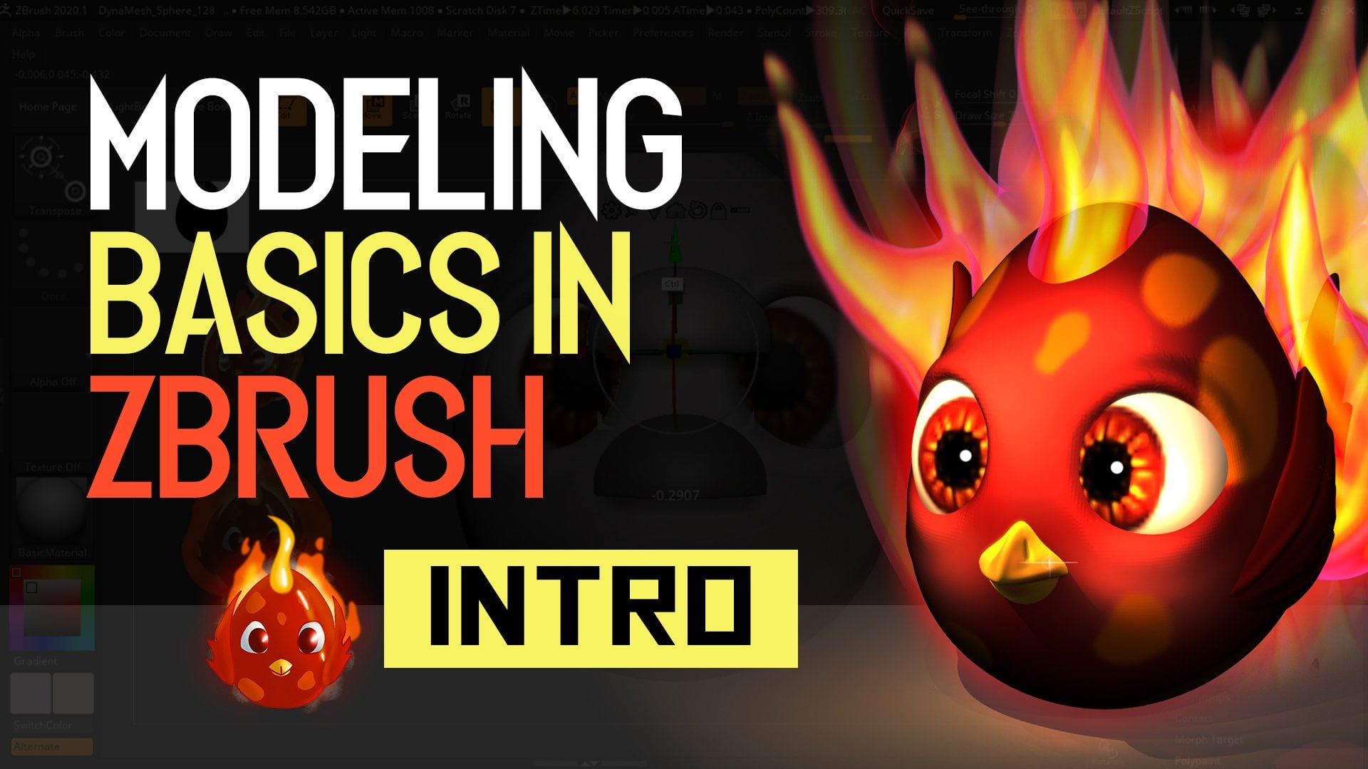 Course thumbnail: modelling basics in ZBrush with a glowing baby phoenix