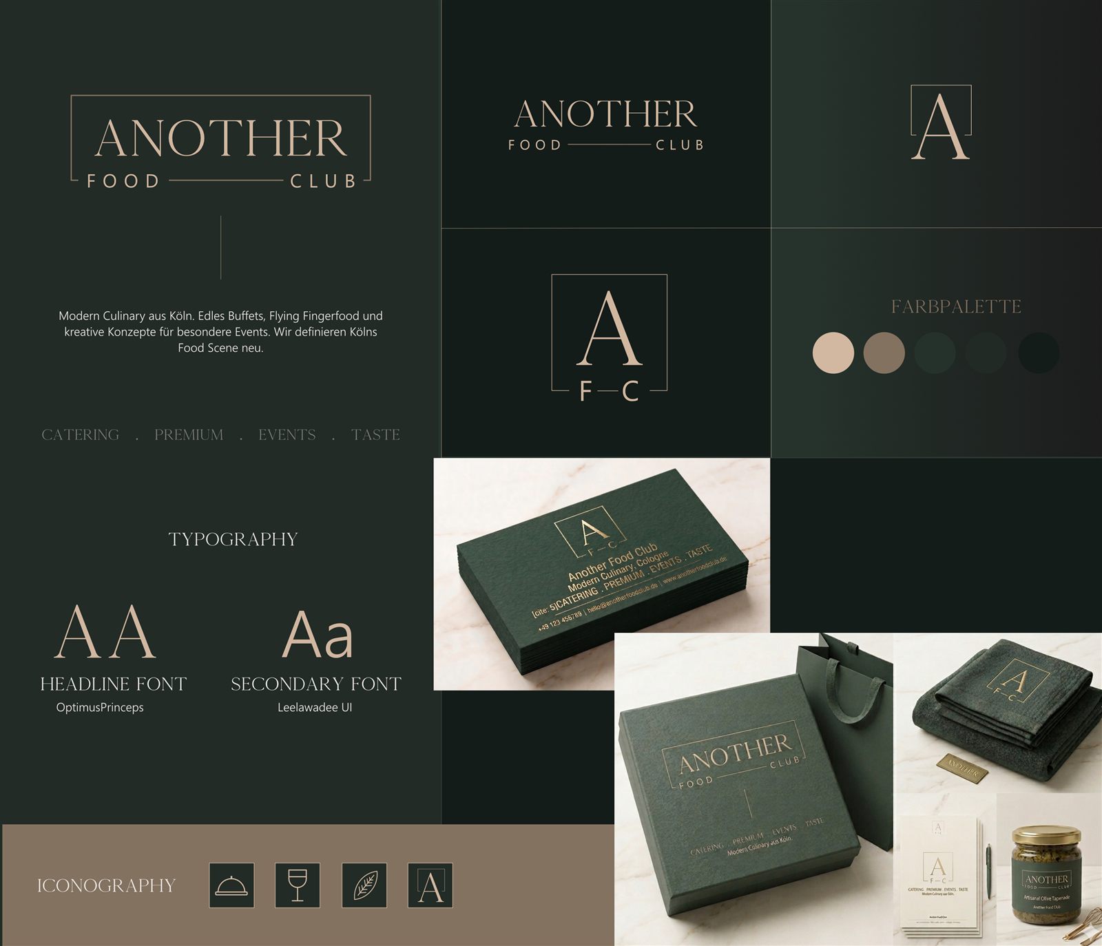 Another Food Club brand identity in dark green and gold