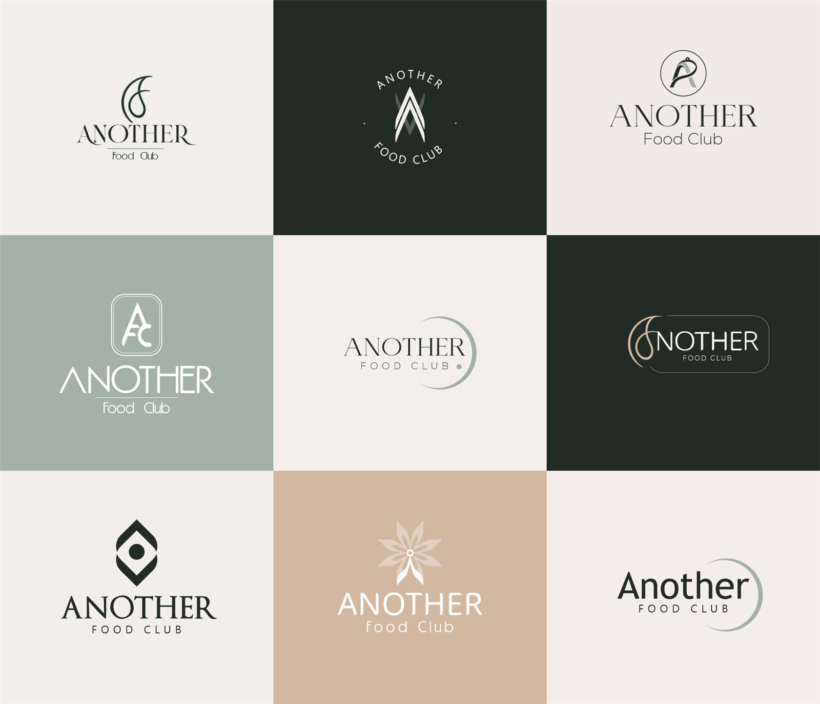 Nine logo explorations for Another Food Club