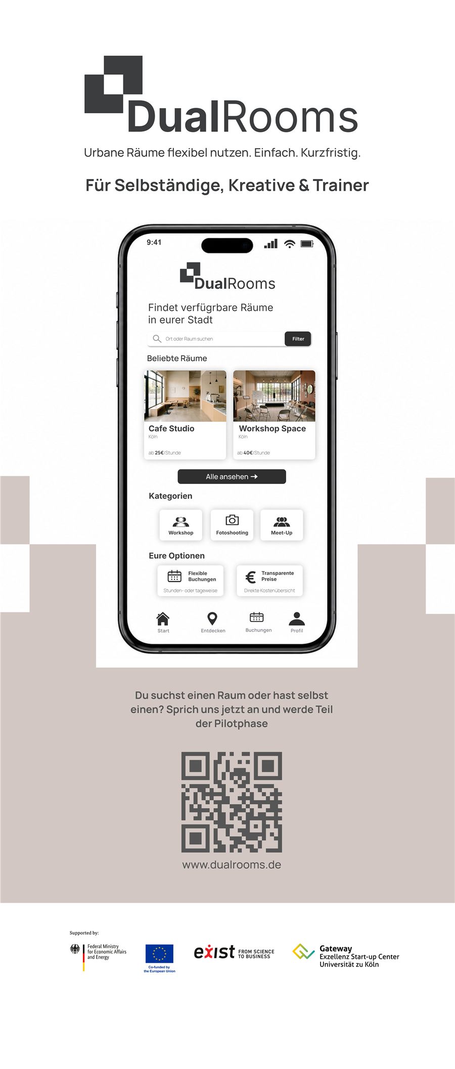 DualRooms roll-up design with app mockup