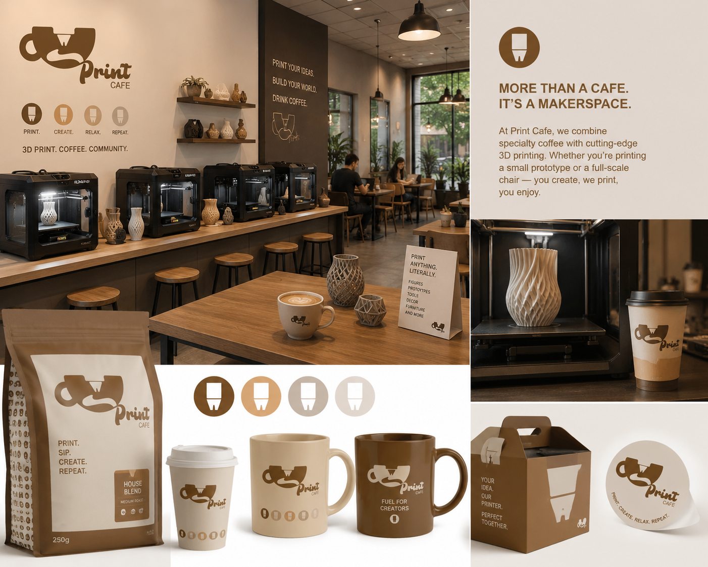Print Café brand collage: café, cups, coffee bag and to-go box