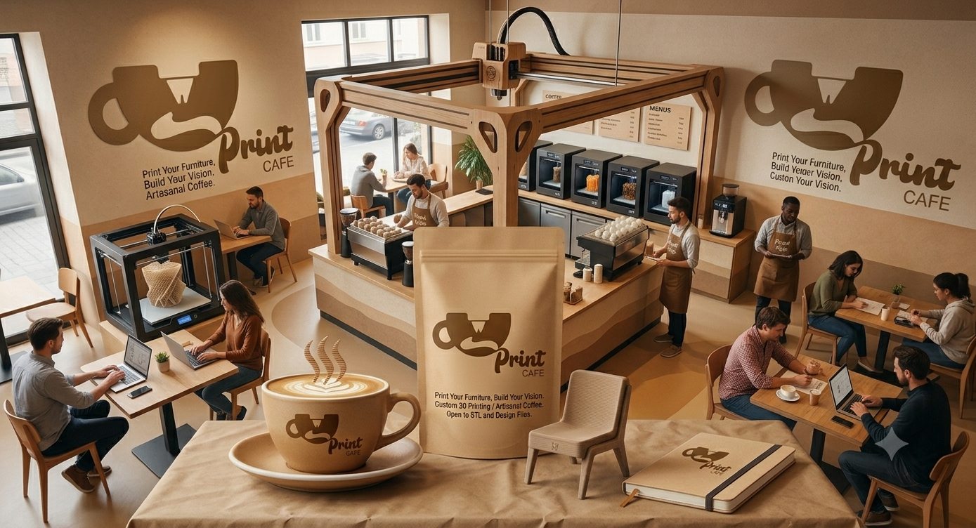Print Café interior with 3D printers, coffee bar and branded packaging