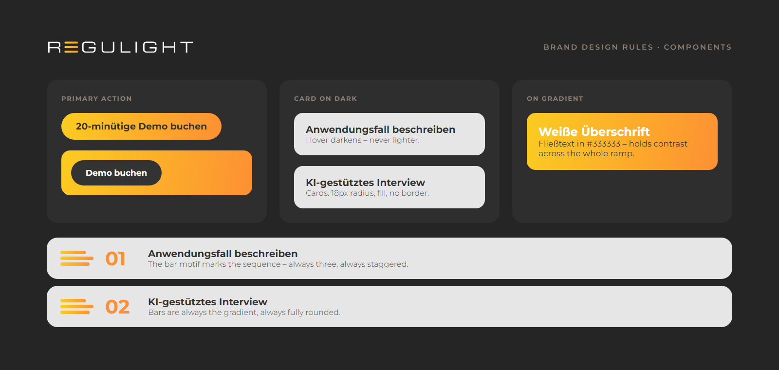 REGULIGHT design rules: buttons, cards, gradient and bar motif