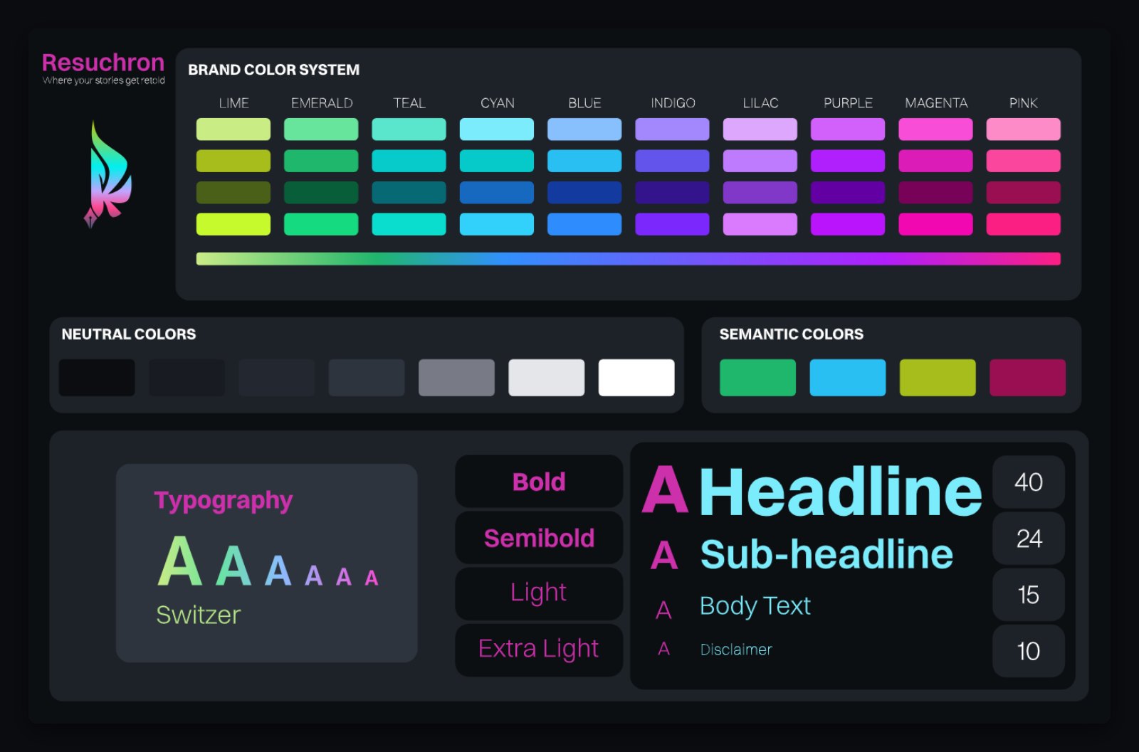 Resuverse brand guidelines: colour system and Switzer typography