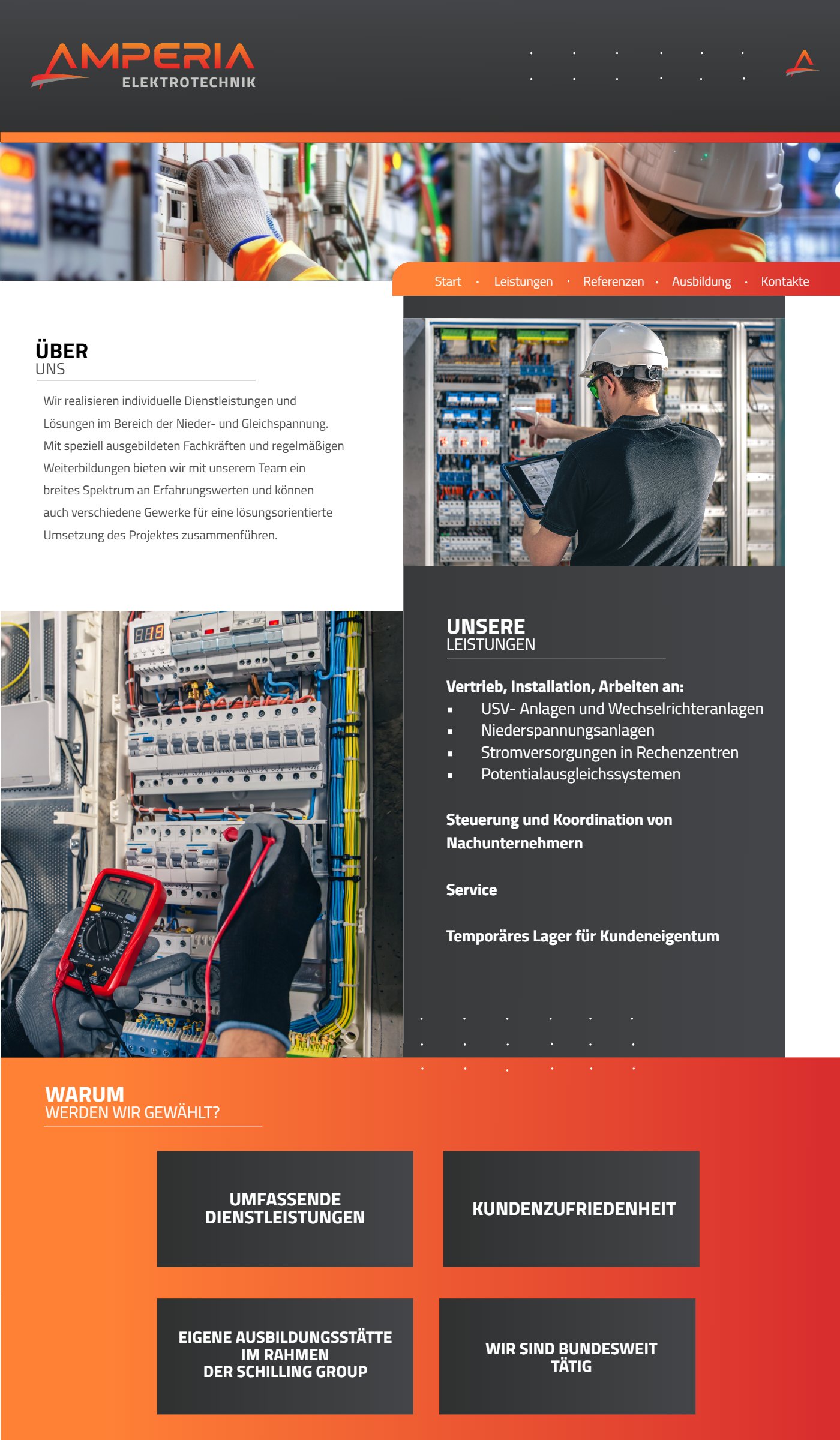 My website design for Amperia Elektrotechnik: header, about us, services and why choose us