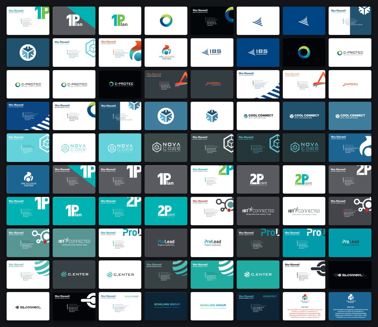 All 80 business card designs for the 13 brands of SCHILLING GROUP