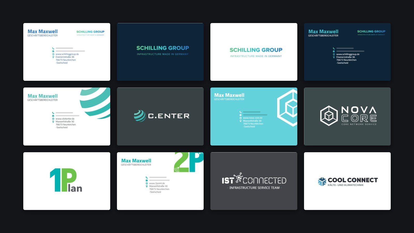 Business cards for SCHILLING GROUP, C.ENTER, Nova Core, 1Plan, 2Point, IST Connected and Cool Connect