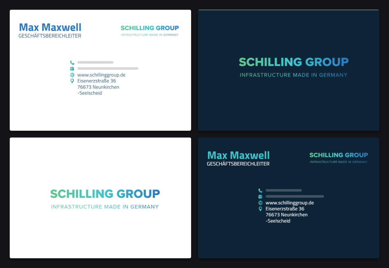 SCHILLING GROUP business cards: fronts and backs, light and dark