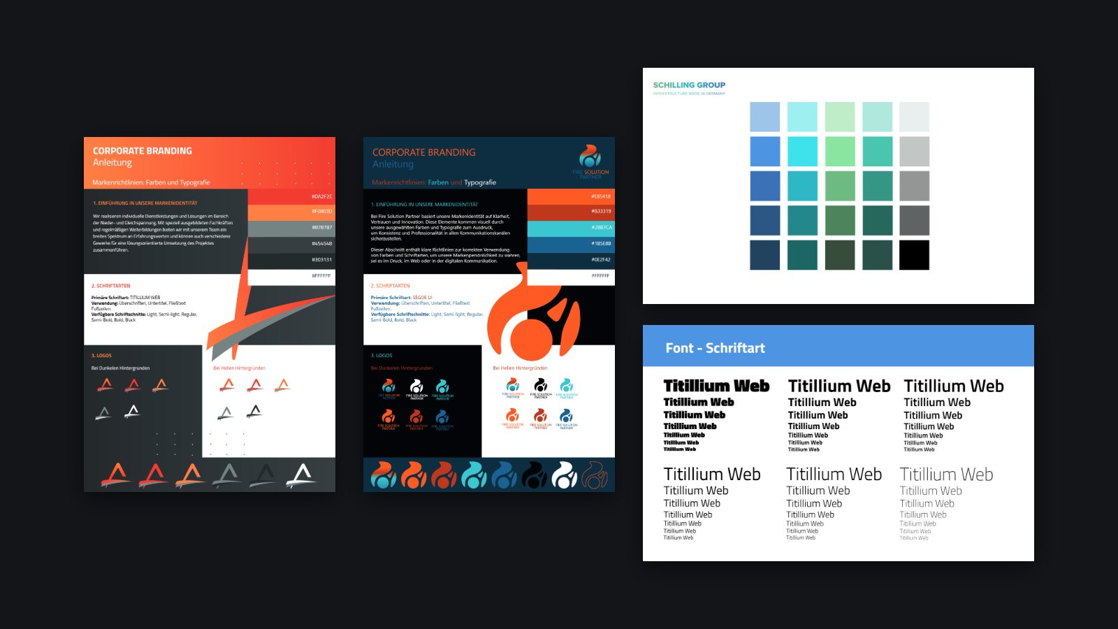Brand guideline pages for Amperia and Fire Solution Partner, with the SCHILLING GROUP colour palette and typeface