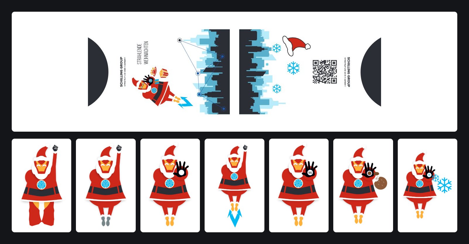 Christmas card holder "Strahlende Weihnachten" and the superhero Santa in seven poses