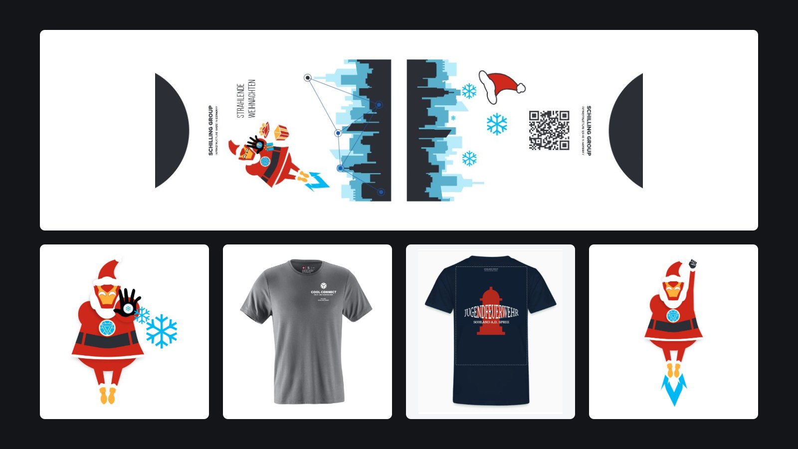 SCHILLING GROUP merch: Christmas card holder, superhero Santa and T-shirts