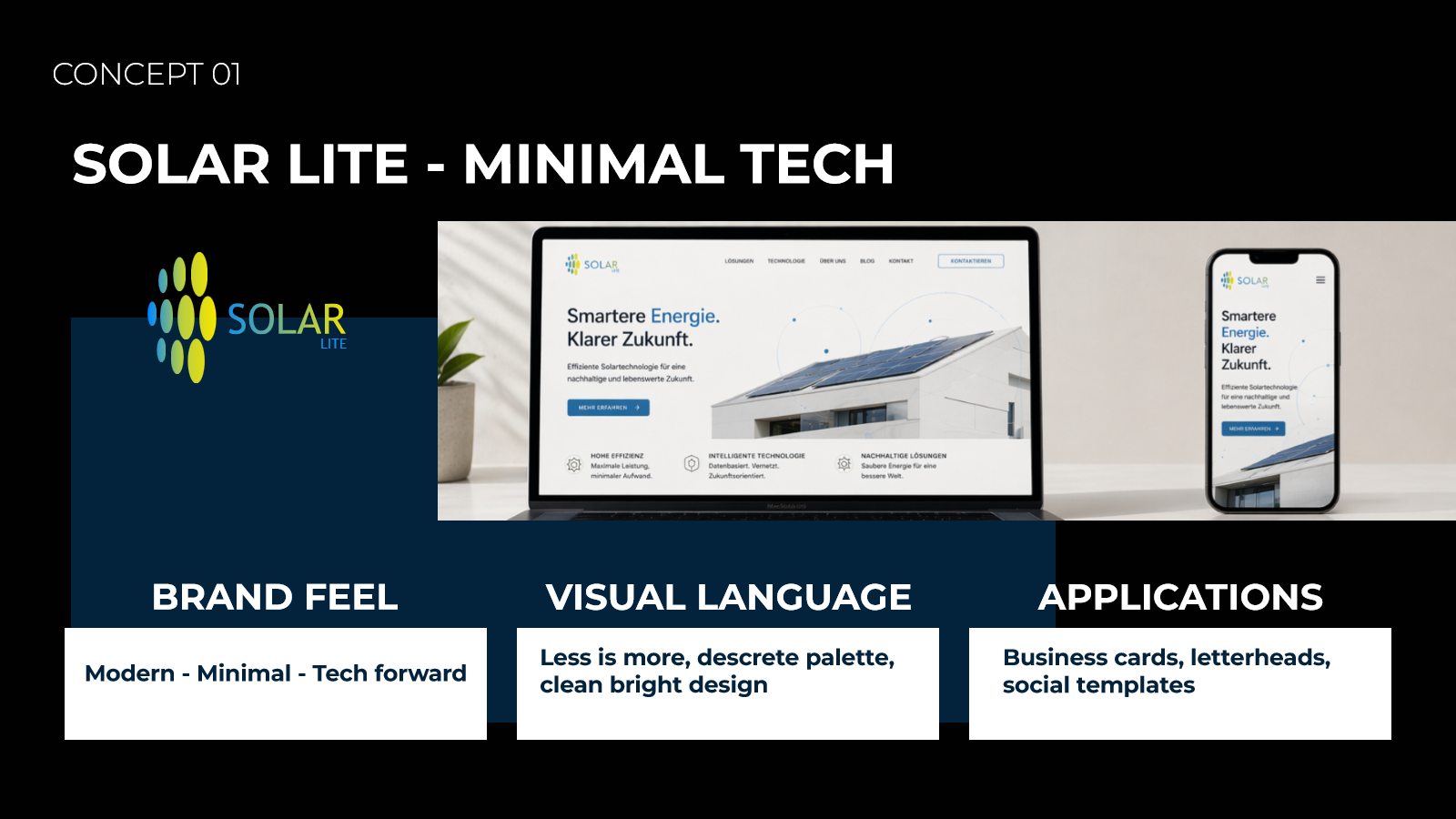 Solar Lite brand concept: logo, website and phone view, brand feel and visual language
